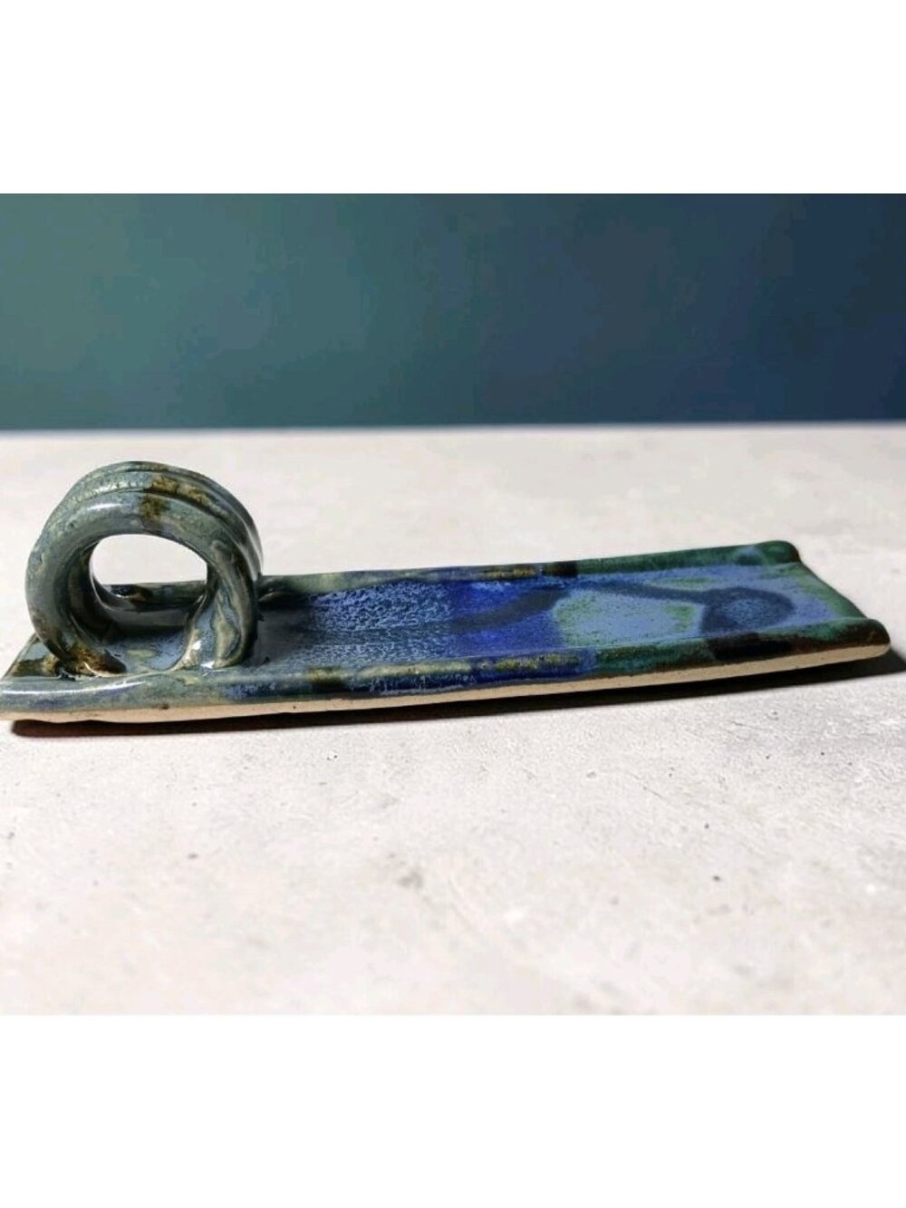 Handmade Studio Art Pottery Butter Stick Dish Signed Blue Artsy